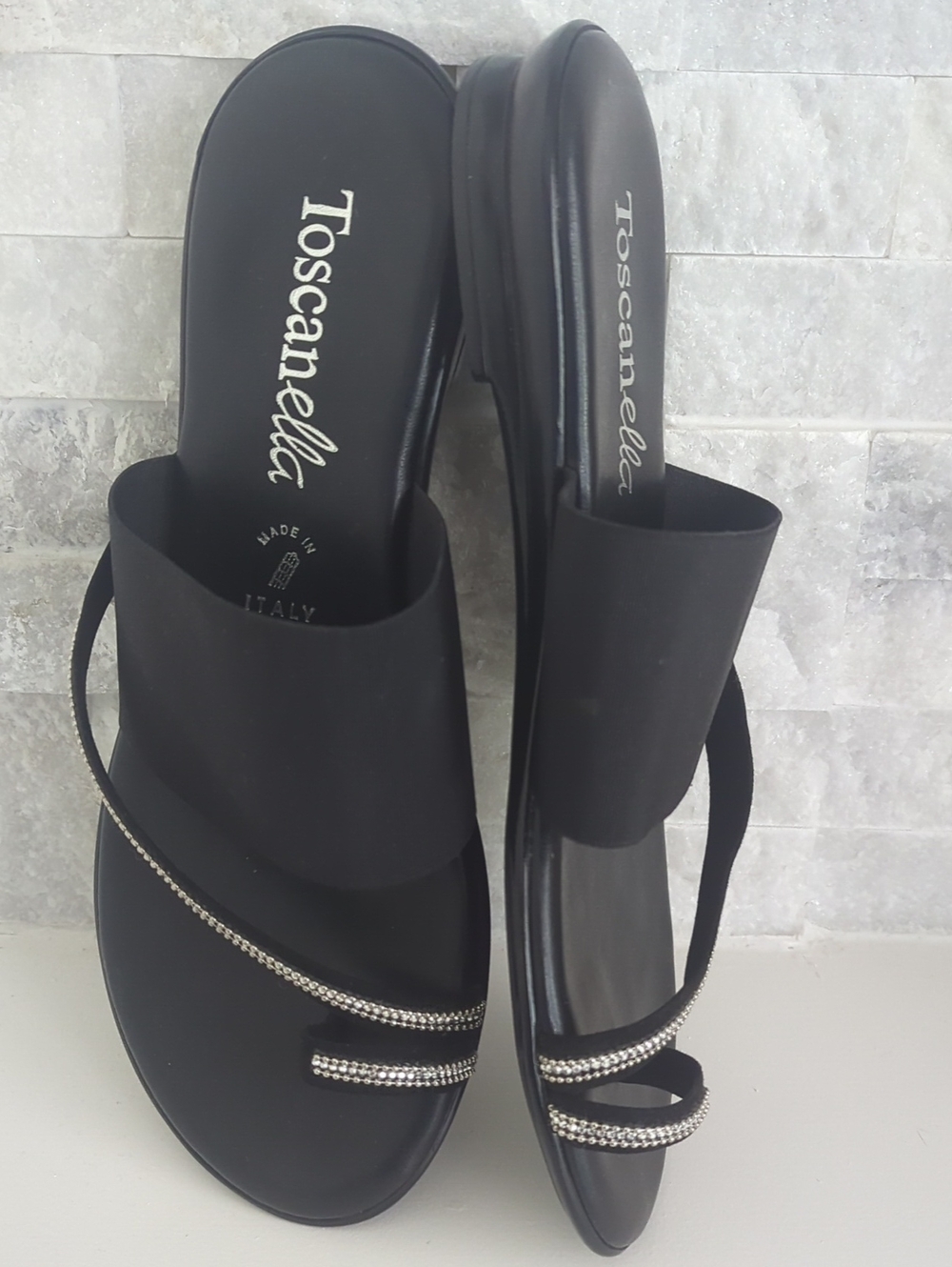 Toscanella Black Rhinestone Slide Sandals Like New